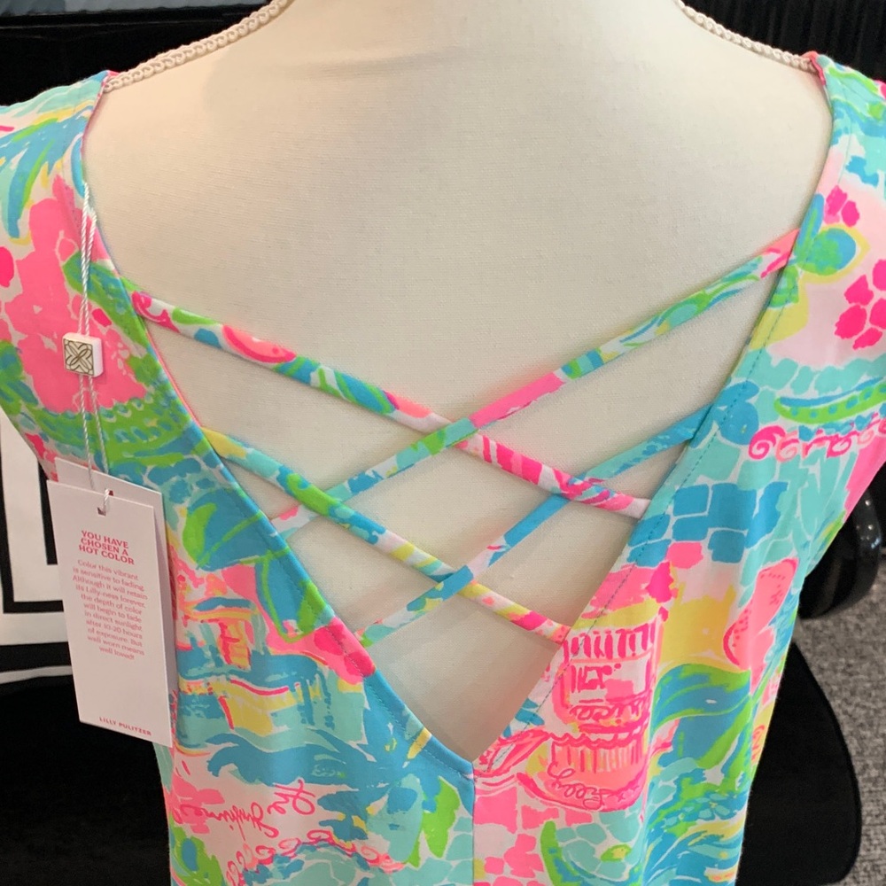 NWT. Lilly Pulitzer Sleeveless Tropical Floral Shift Dress in Neon Pink & Aqua - Picture 5 of 5
